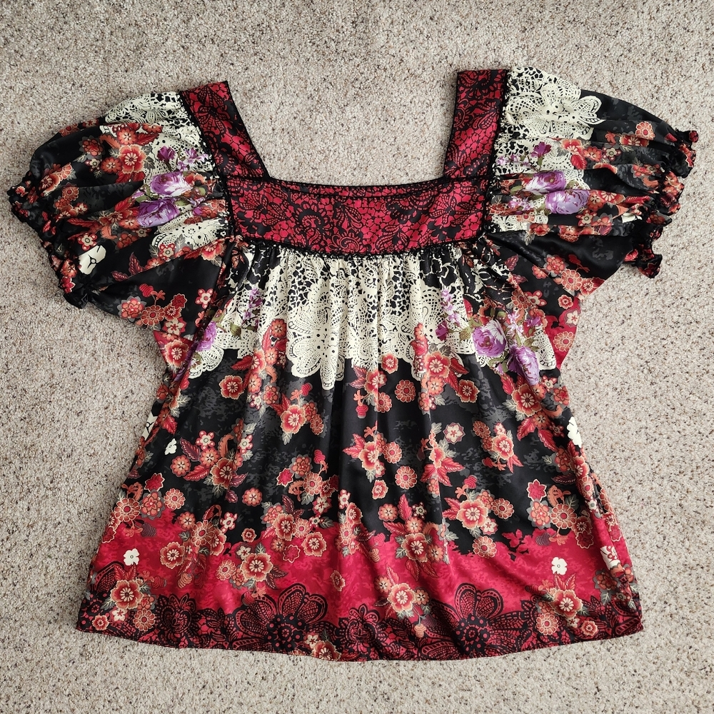 Y2k Eci Floral Puff Satin Sleeve Top